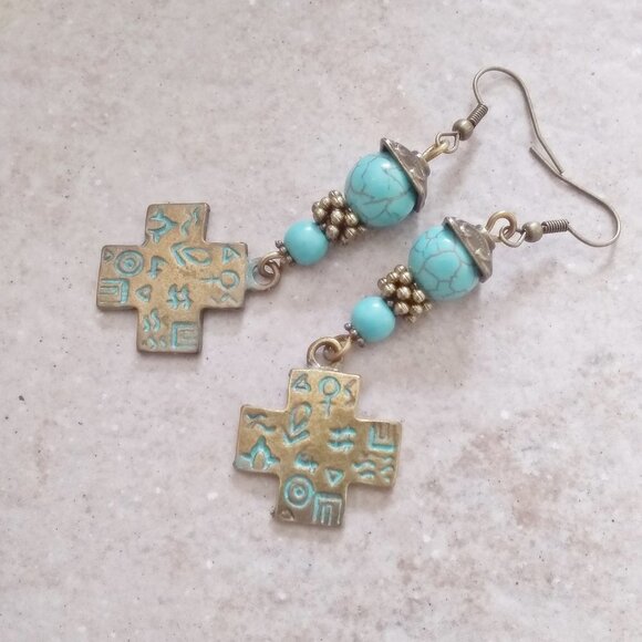 Symbols Numerology Dangle Earrings - Aqua Howlite + Patina Painted Bronze Cross - Picture 3 of 6